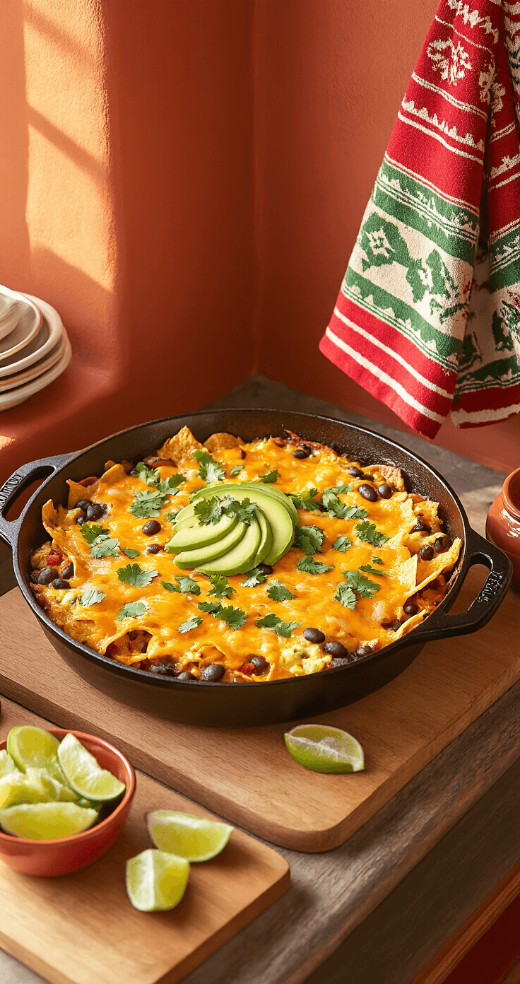 A cozy kitchen with warm terracotta walls featuring a cast iron skillet of Southwest breakfast casserole, layers of tortilla chips, scrambled eggs, black beans, and melted pepper jack cheese, topped with cilantro and avocado, alongside vintage Christmas tea towels, a wooden cutting board with lime wedges, and rustic pottery dishes, illuminated by soft morning light.