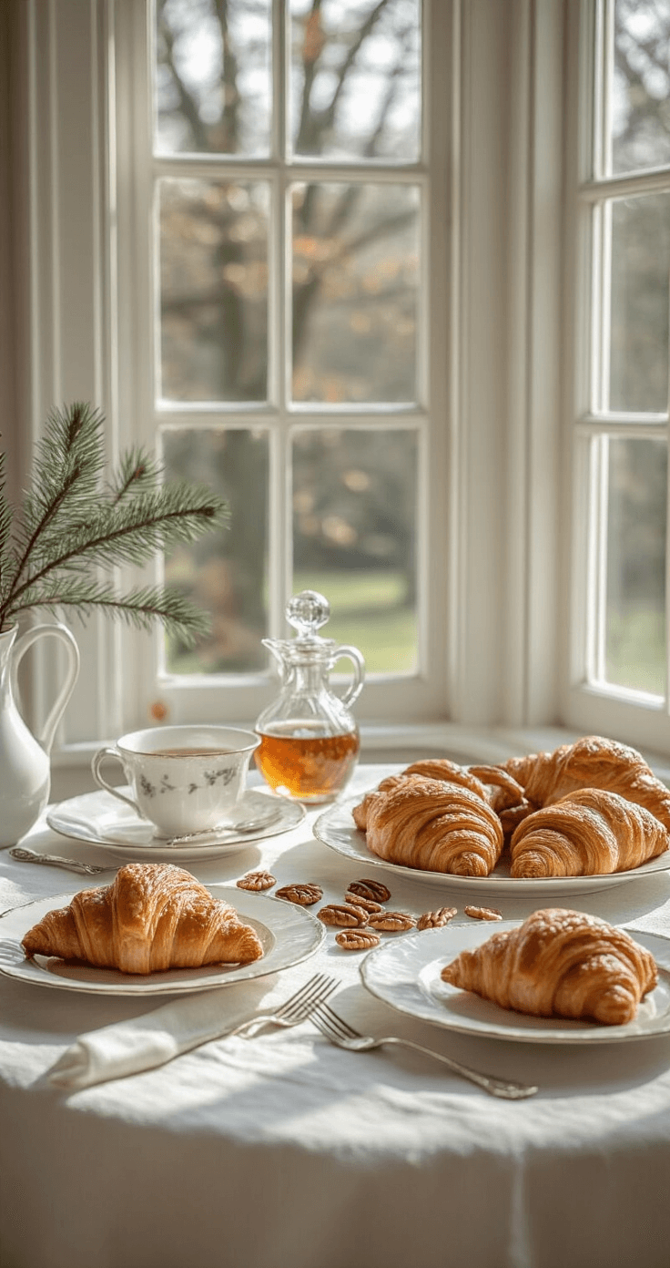 An elegant breakfast nook featuring bay windows, a white linen tablecloth, delicate porcelain plates, a golden Maple Pecan Croissant Bake with scattered toasted pecans, and a crystal dispenser of maple syrup, all adorned with soft gray and cream tones and subtle pine branch decorations, illuminated by morning sunlight that casts gentle shadows, as vintage silver serving utensils complete the scene, captured from a 45-degree angle.