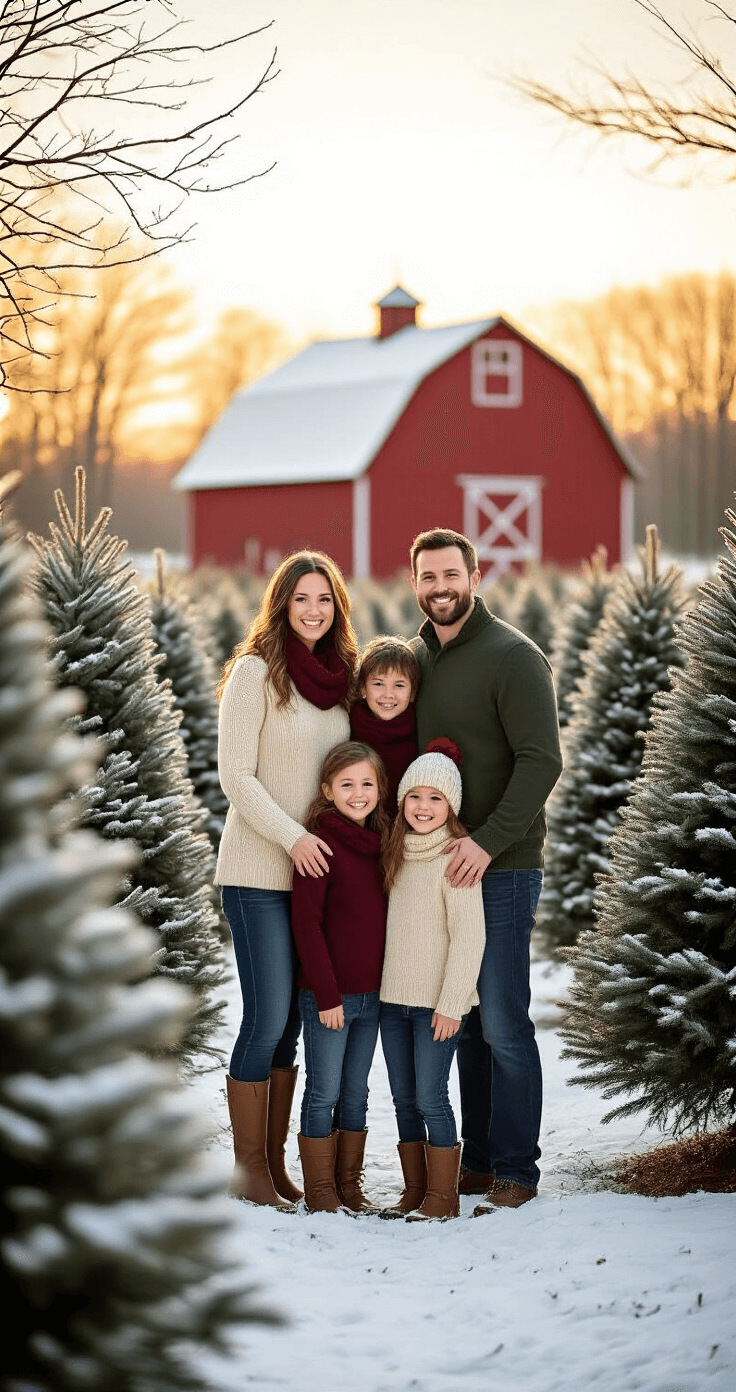 Family of five in cream, burgundy, and forest green layers standing in a snow-covered Christmas tree farm at golden hour, with a vintage red barn in the background and soft natural light filtering through trees.