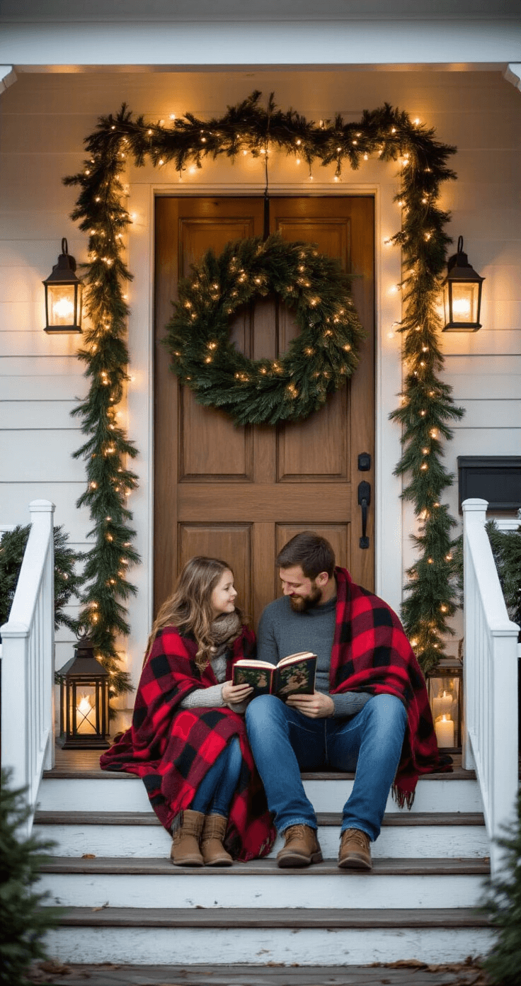 A cozy winter photoshoot on a front porch at dusk, featuring a family on vintage wooden steps wrapped in plaid blankets, surrounded by warm lantern light and soft shadows, while children read a Christmas storybook and parents share a loving gaze, with blurred greenery and holiday decorations in the background.