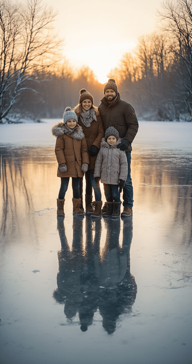 Extended family on a frozen lake at sunrise, wearing earth-toned winter layers, with bare trees silhouetted in the background and a soft ethereal glow illuminating the mirror-like ice.