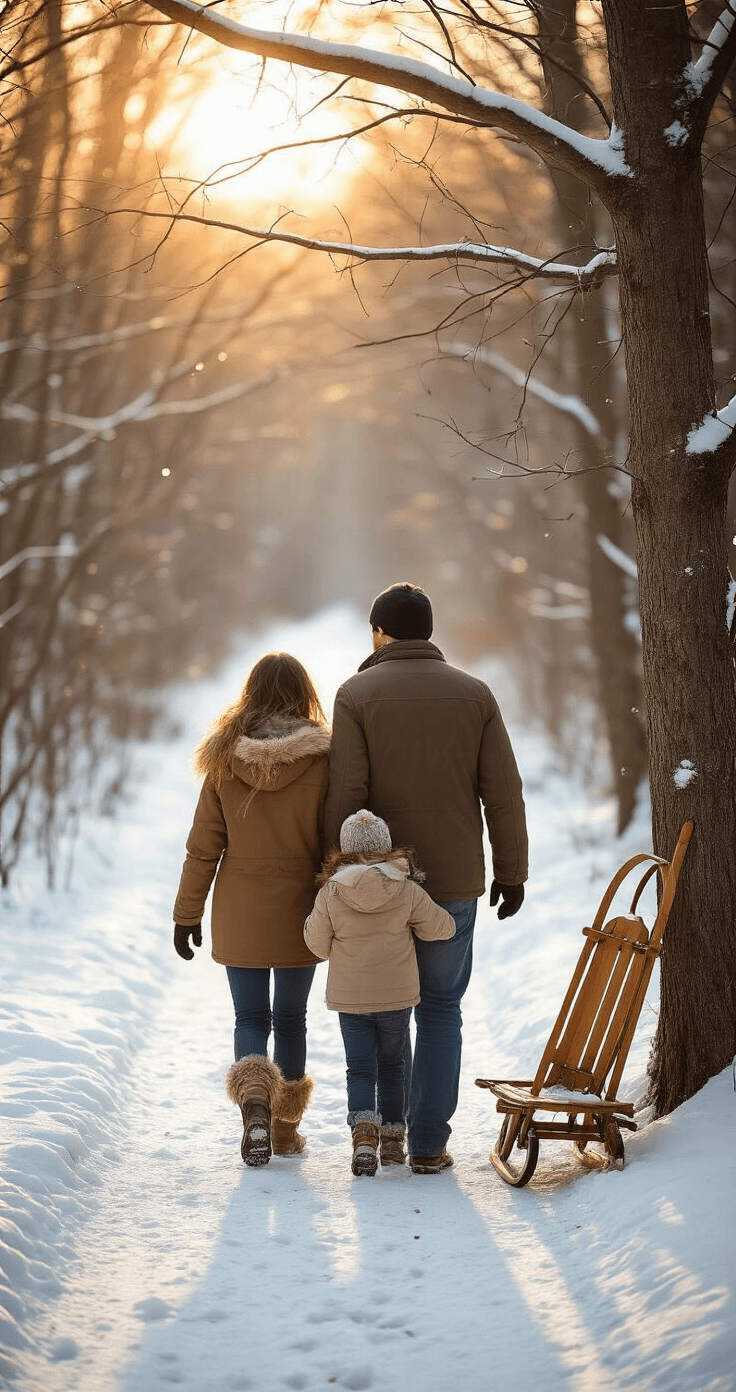 A family walking single file along a snowy nature trail at golden hour, with skeletal tree branches overhead and a vintage wooden sled leaning against a nearby tree, capturing warm, candid moments in soft focus.