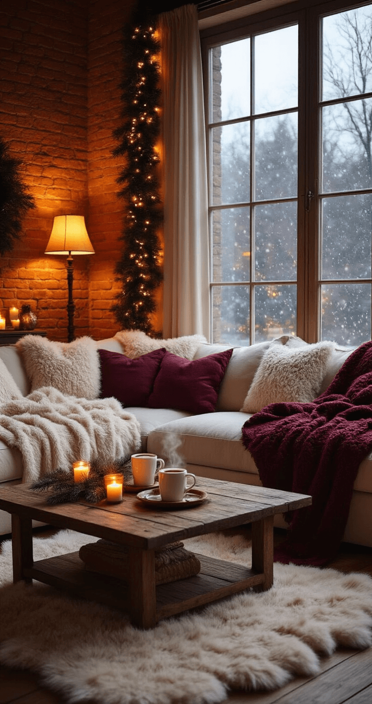 Ultra-cozy living room interior at twilight, featuring a plush sectional sofa adorned with fuzzy blankets, a vintage coffee table with hot cocoa mugs, and soft lighting illuminating rustic decor against a backdrop of gentle snowfall outside.