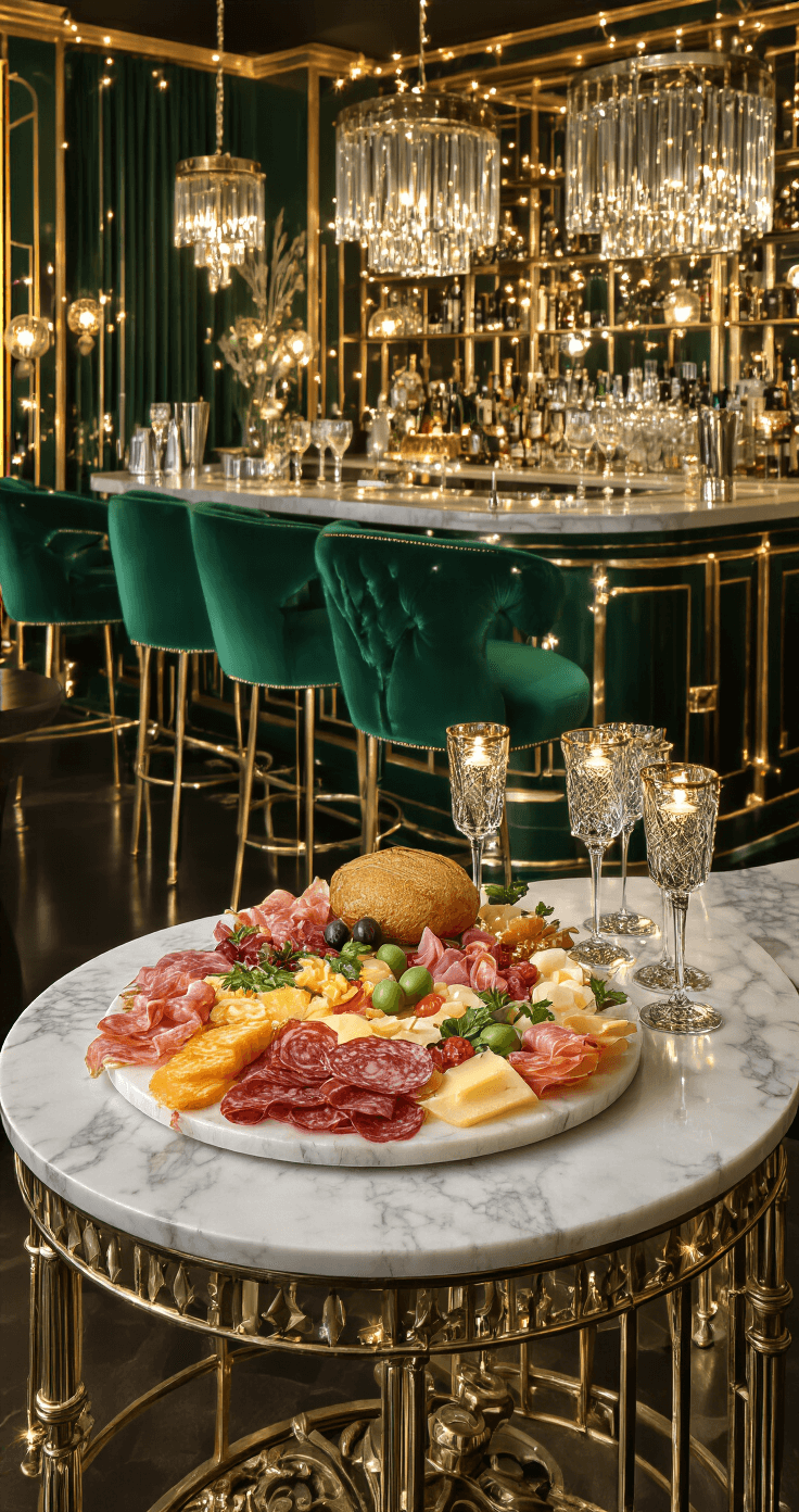 A luxurious holiday cocktail lounge featuring Art Deco styling with emerald green velvet bar stools, gold accents, crystal lighting, and a marble bar top adorned with an elaborate charcuterie board and sparkling champagne coupes, all highlighted by reflective surfaces and rich jewel tones.