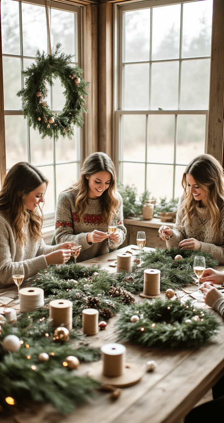 A whimsical craft workshop filled with natural light, showcasing a rustic wooden table covered in craft supplies for wreath making. Guests in cozy holiday sweaters are engaged in crafting, with prosecco glasses among pine branches. The overhead view captures a creative atmosphere in soft whites, sage greens, and warm wood tones.