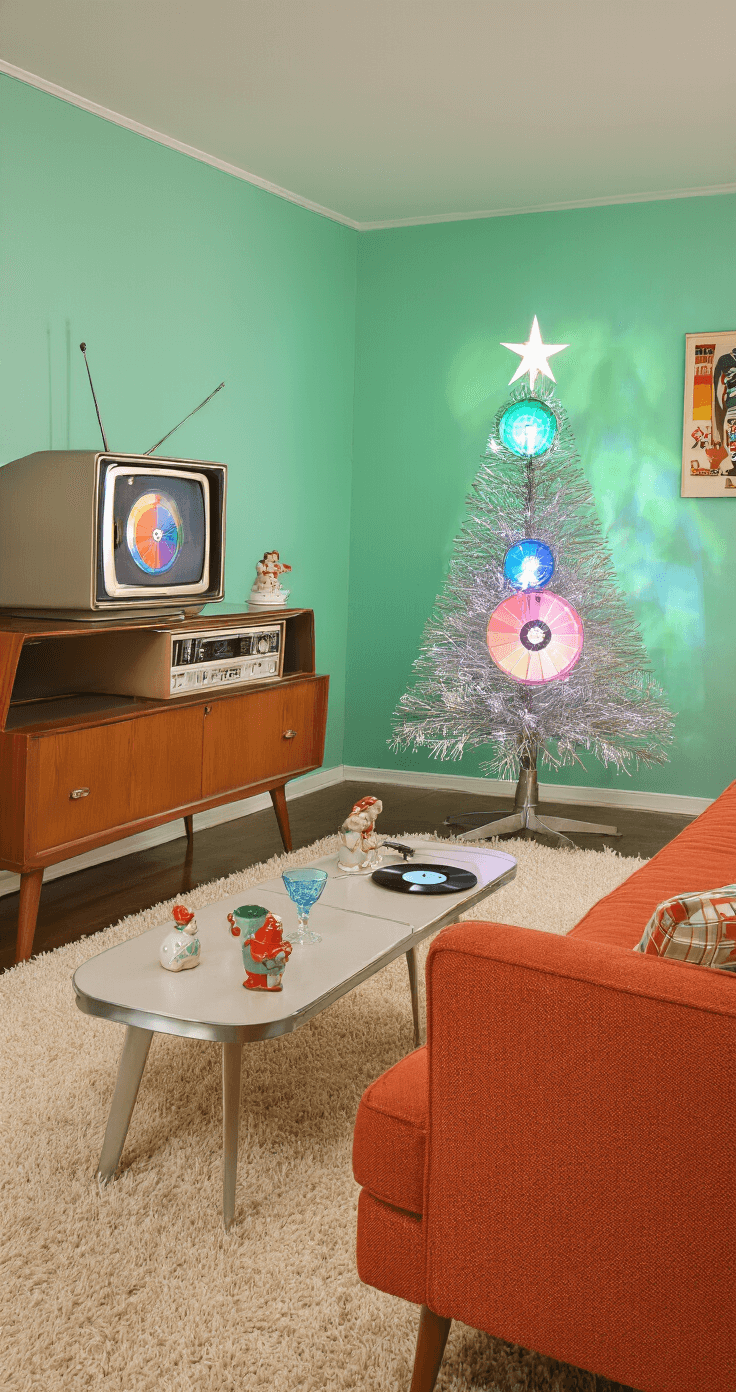 A retro Christmas living room styled in 1950s aesthetics, with mint green walls, atomic-era furniture, an aluminum Christmas tree featuring a color wheel projector, and a black and white holiday special on a classic console television, surrounded by vintage decor and warm lighting.