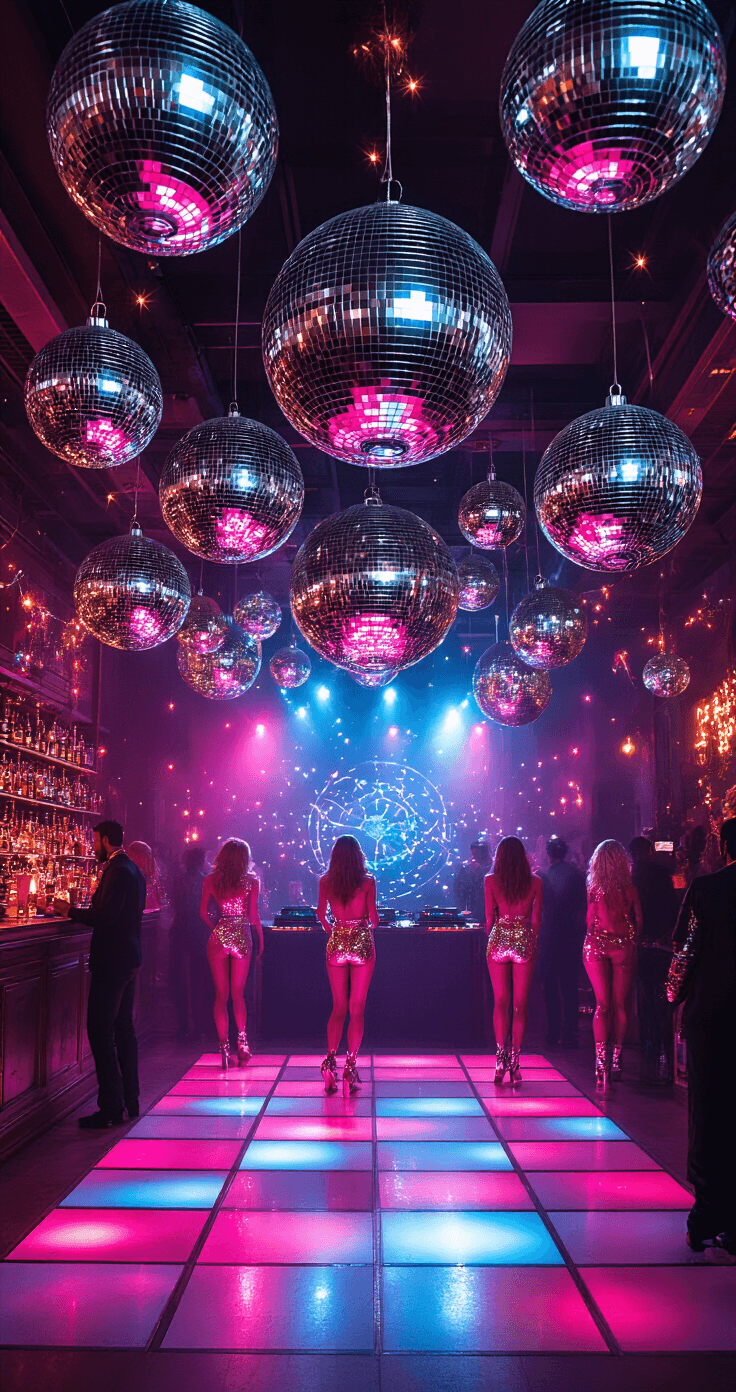 A vibrant holiday disco party scene featuring multiple disco balls, reflective silver and gold decorations, and a dance floor illuminated with neon pink and blue lighting. Guests in sparkling 70s-inspired outfits enjoy cocktails from a bar with glowing LED glasses and Christmas disco ball ornaments, while a DJ booth plays remixed holiday tracks, all captured in a dynamic wide-angle shot.