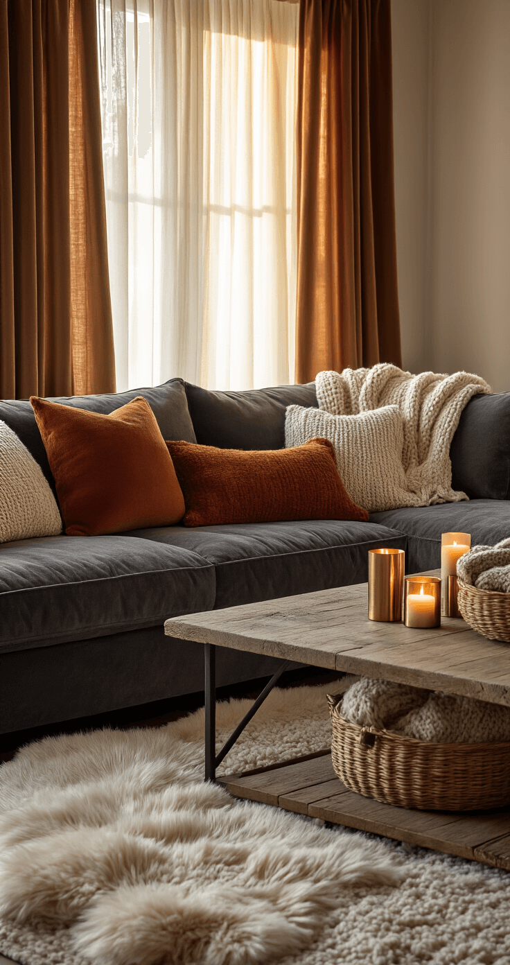 Cozy winter living room featuring a plush charcoal sectional sofa adorned with cream and rust-colored textiles, warm golden hour light streaming through velvet drapes, reclaimed wood coffee table with brass candle holders, and a thick sheepskin rug, all creating an intimate atmosphere.