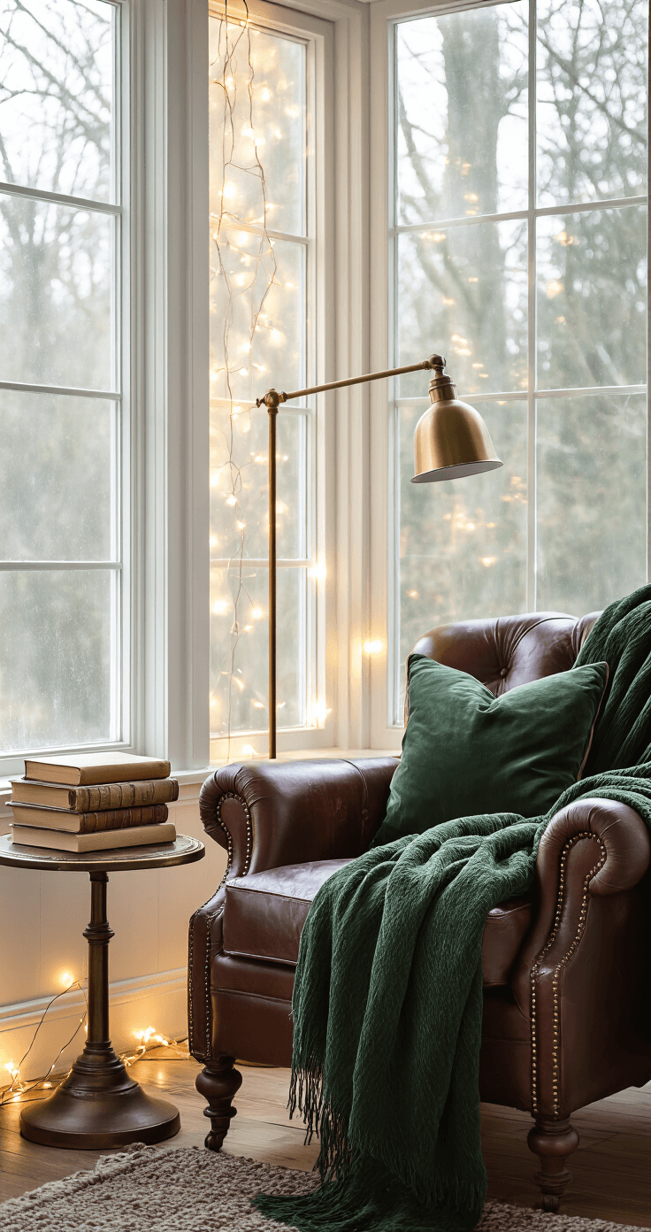 A cozy reading nook with a vintage leather armchair next to a frost-edged window, warm white string lights, and an antique brass floor lamp casting a soft glow. A stack of well-worn books rests on a patinated side table, and a forest green velvet throw is draped casually. The scene features a plum and charcoal color palette, with morning light highlighting dust particles, creating a tranquil atmosphere.