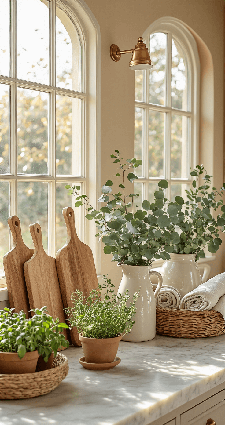 A cozy kitchen filled with natural elements, featuring vertical wooden cutting boards, ceramic pitchers with eucalyptus, brass accents on a marble countertop, soft taupe walls illuminated by morning light through mullioned windows, clusters of potted herbs in terracotta pots, and a woven basket with linen tea towels, all captured from an overhead perspective.