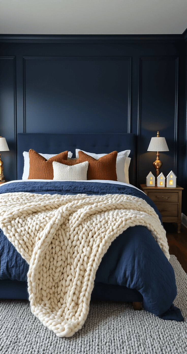 A cozy bedroom featuring deep navy walls, a king bed adorned with a cream chunky knit blanket and textural throw pillows in caramel and rust hues. Antique brass bedside lamps illuminate a cluster of white ceramic houses with LED tea lights, while a warm gray wool area rug sits beneath. The scene is bathed in soft, diffused winter morning light, revealing luxurious textures.