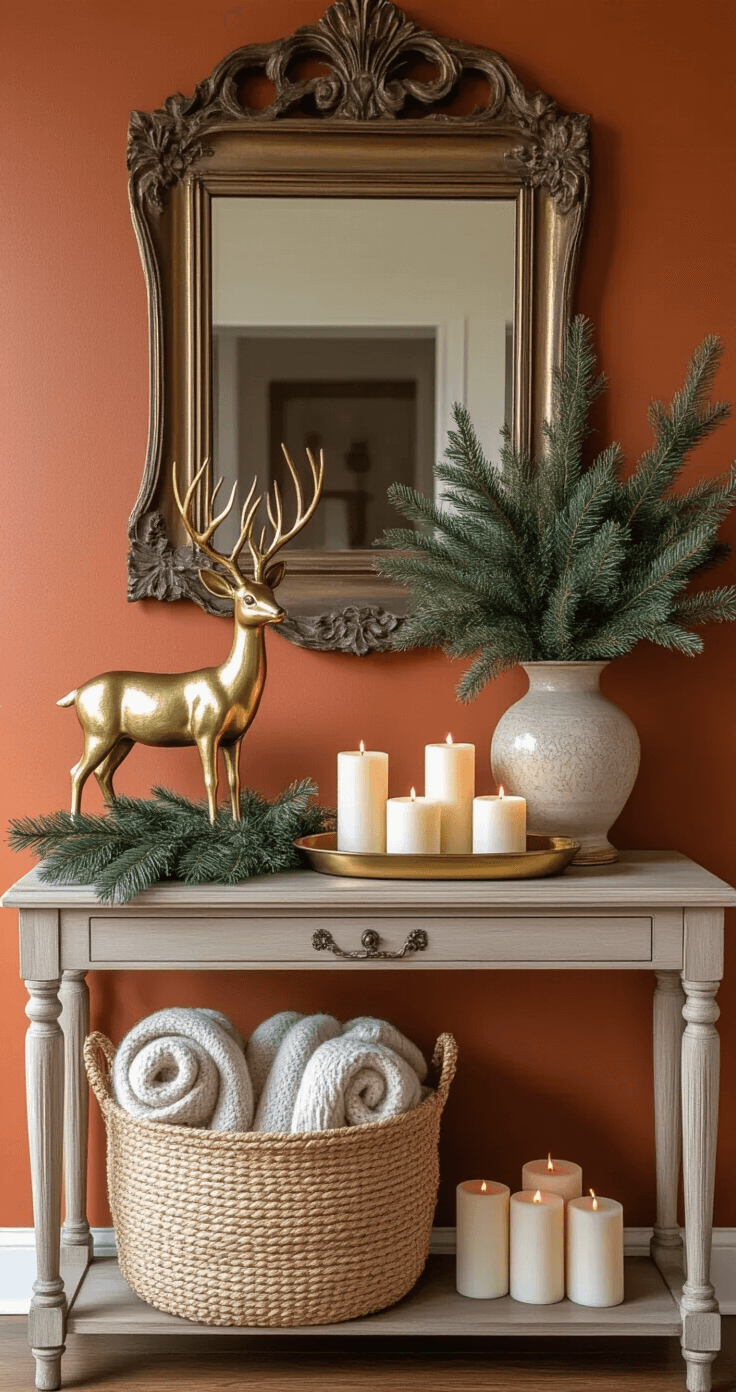 A winter entryway vignette featuring a console table styled with a seagrass basket of rolled wool scarves, a brass deer figurine, a cluster of white pillar candles on an antique gold tray, and evergreen branches in a ceramic vase, all against a warm terracotta wall. A vintage mirror with a patinated frame reflects soft side lighting that casts dramatic shadows, showcasing a precision-styled yet casual arrangement.