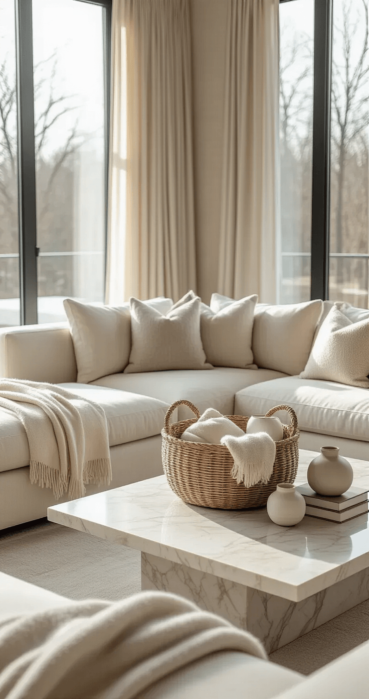 Ultra-luxurious living room featuring a cream linen sectional sofa and marble coffee table, a meticulously curated gift basket arrangement surrounded by cashmere throw and designer ceramic vases, illuminated by soft winter afternoon light through floor-to-ceiling windows, in a muted sage and taupe color palette, captured from a slight overhead angle with soft diffused lighting and gentle shadows.