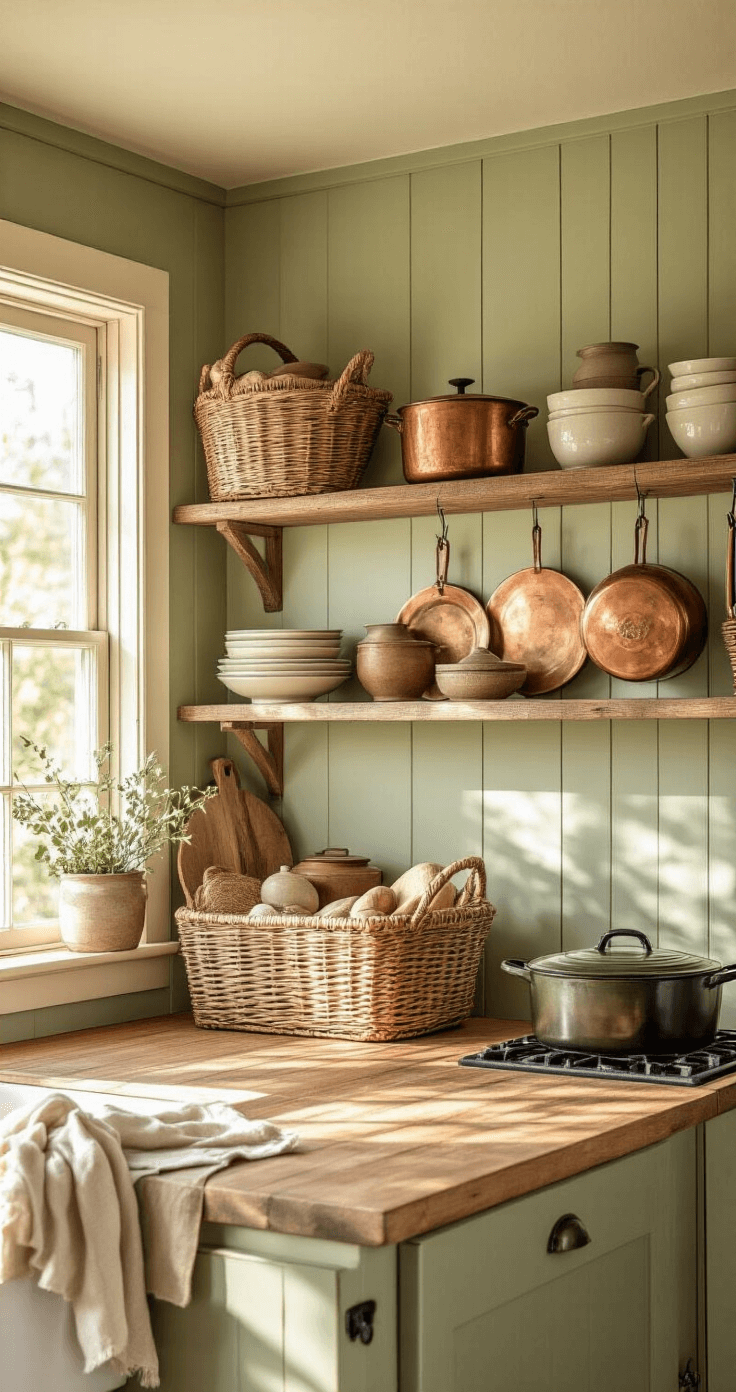 A rustic farmhouse kitchen bathed in warm afternoon sunlight, featuring reclaimed oak countertops, a handcrafted wooden gift basket display, vintage copper cookware, artisan ceramic bowls with seasonal ingredients, woven linen tea towels, sage green walls with cream trim, and a cast iron Dutch oven in the foreground.