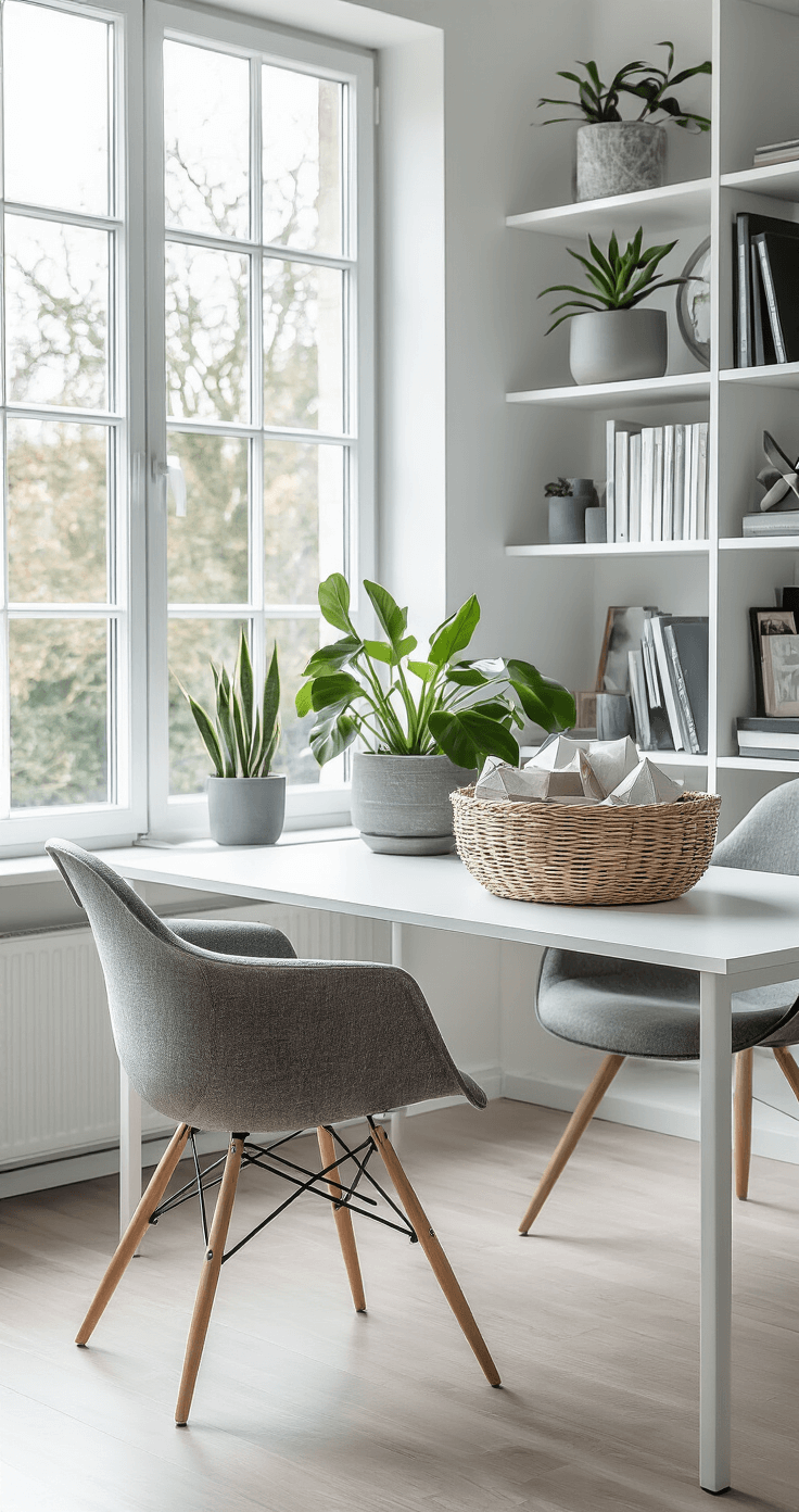 A minimalist Scandinavian home office featuring a sleek white desk with a meticulously arranged gift basket, large windows allowing ample natural light, a mid-century modern chair, and architectural bookshelves. The monochromatic gray and white color scheme is complemented by geometric elements in the gift basket and architectural plants in ceramic planters, all captured from a low perspective emphasizing clean lines and spatial composition.