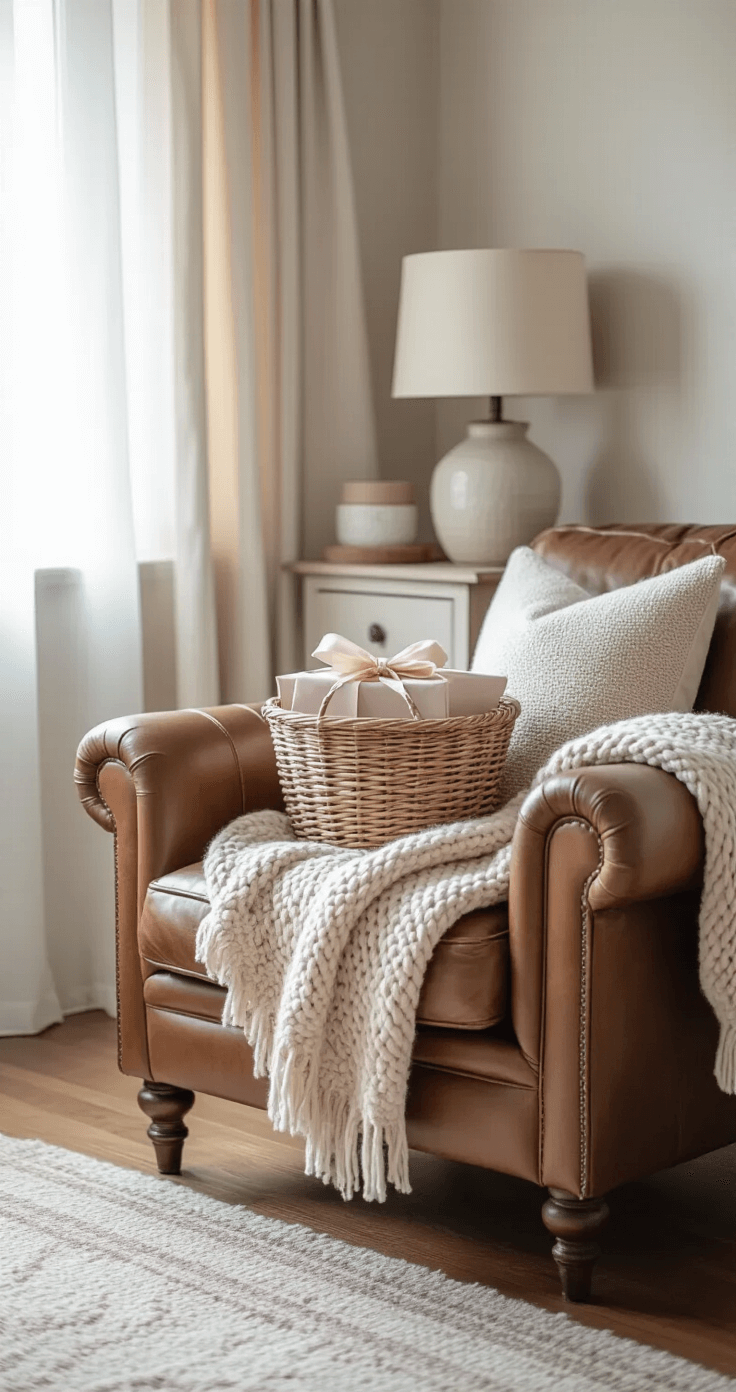 Cozy bedroom corner with a vintage leather armchair holding a thoughtfully arranged gift basket, complemented by a chunky knit wool blanket, an ambient side table with a ceramic lamp, and morning light filtering through sheer linen curtains, creating a warm and inviting atmosphere.