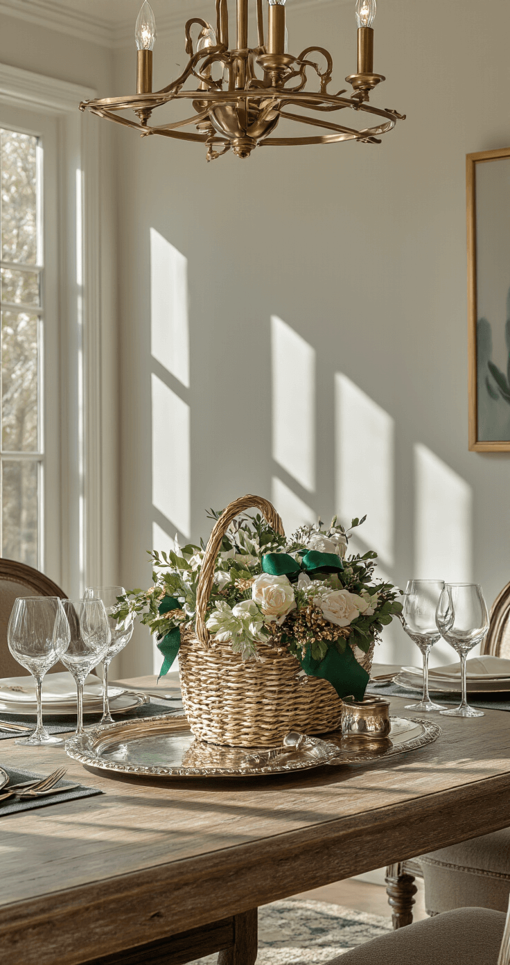 Elegant dining room featuring a sophisticated gift basket centerpiece on a distressed oak dining table, surrounded by crystal wine glasses and a silver serving tray, accented in rich emerald and gold. A contemporary brass light fixture overhead casts dramatic architectural shadows in a formal yet inviting setup. High-resolution detail capture showcasing professional food and interior styling.