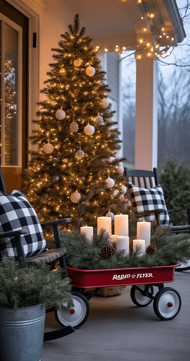 A cozy farmhouse porch decorated for Christmas at twilight, featuring a pre-lit evergreen tree with oversized white and wood ornaments, a vintage red Radio Flyer wagon filled with pine branches and candles, black and white buffalo check cushions on a rocking chair, and a galvanized bucket with birch branches and pinecones, all illuminated by soft string lights in a misty winter setting.