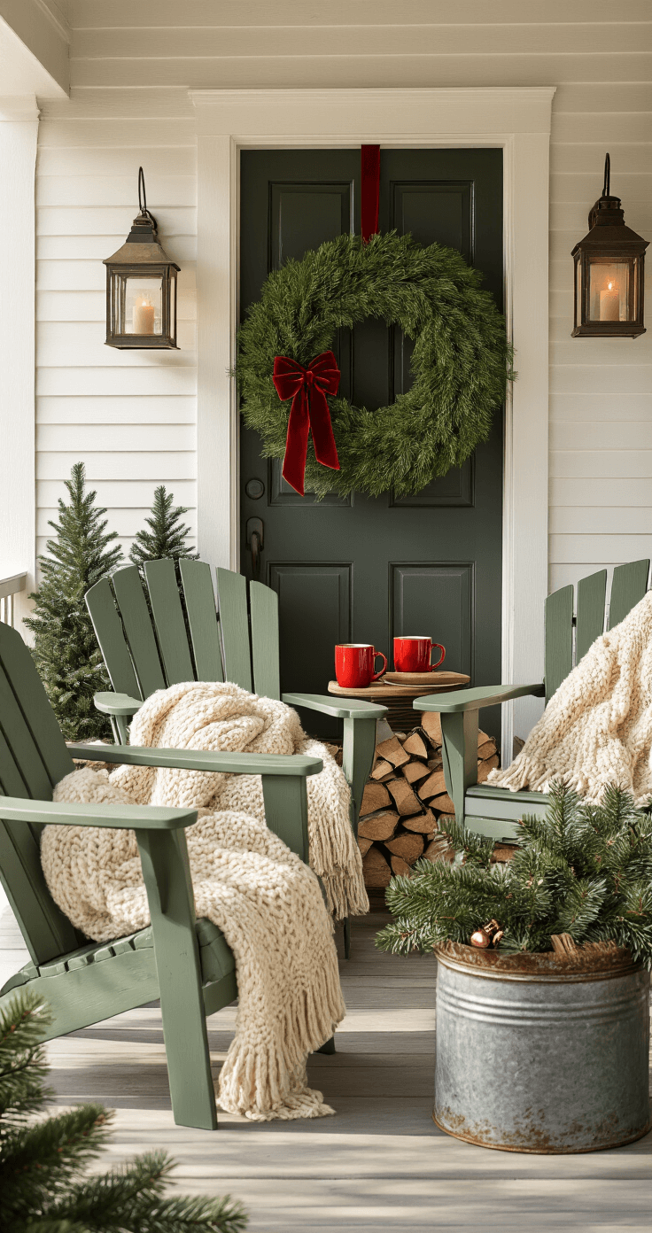 Cozy farmhouse porch corner in winter light featuring a dark wooden door adorned with a large green evergreen wreath and red velvet ribbon, vintage galvanized metal container with stacked firewood, two muted sage green Adirondack chairs with cream cable-knit throws, red ceramic mugs on a reclaimed wood side table, antique lanterns with flickering LED candles, a cast iron plant stand with mini evergreen trees, and fresh pine garland with copper bell accents, all enhanced by subtle shadows and a cinematic wide-angle composition.