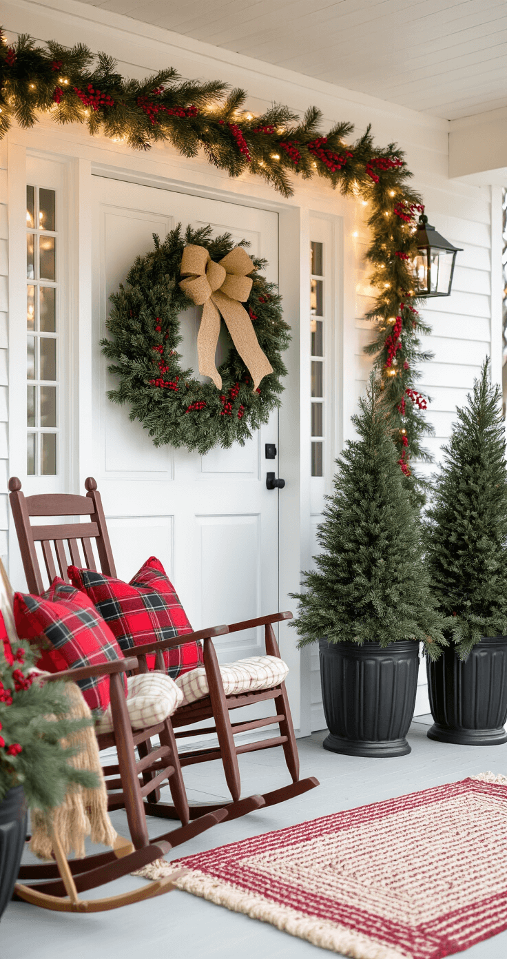 A charming Christmas porch scene featuring a traditional red and white farmhouse, with wooden rocking chairs adorned with red plaid cushions, a large pine wreath on a white door, pre-lit evergreen trees in black planters, a vintage sled, and soft ambient lighting from string lights above, complemented by fresh pine garland with red berries along a white railing and a cream and red outdoor rug, all bathed in the soft light of early morning.