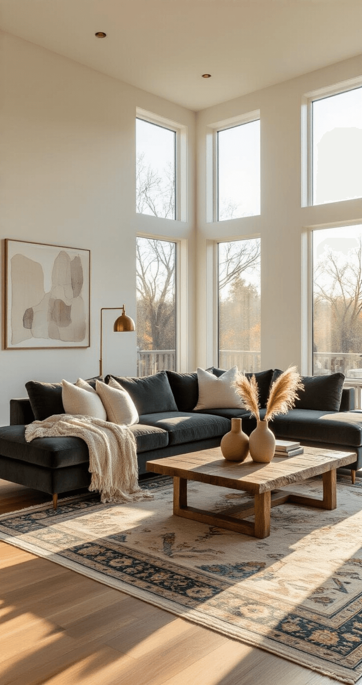 A modern living room during golden hour featuring a plush charcoal sectional sofa with cream throw pillows, a reclaimed wood coffee table with ceramic vases, oak hardwood floors, and a Persian rug. Warm brass lamps illuminate the space, highlighting abstract wall art.