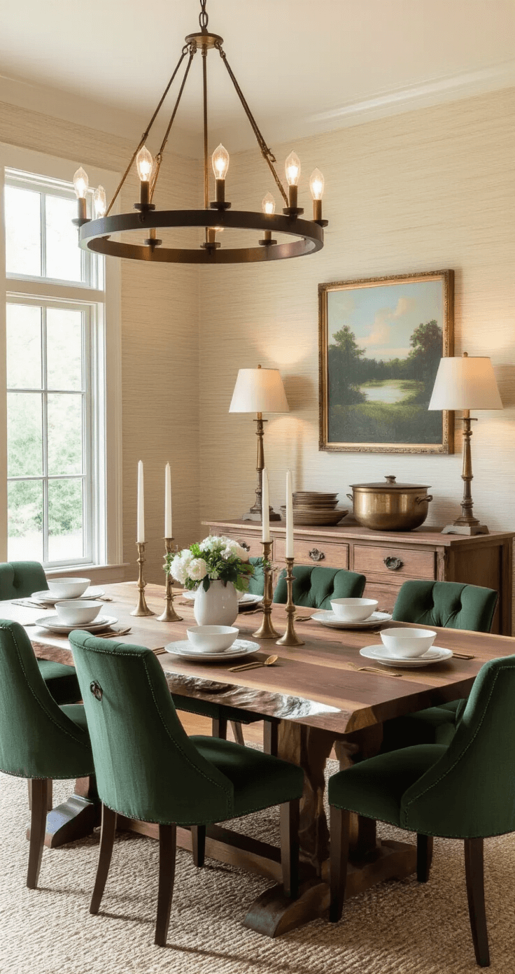 An intimate dining room with warm pendant lighting, featuring a live-edge walnut table surrounded by six deep forest green upholstered chairs, set with white ceramic dinnerware and brass candlesticks, against cream grasscloth wallpaper and a rustic wooden sideboard displaying vintage brass serving pieces.