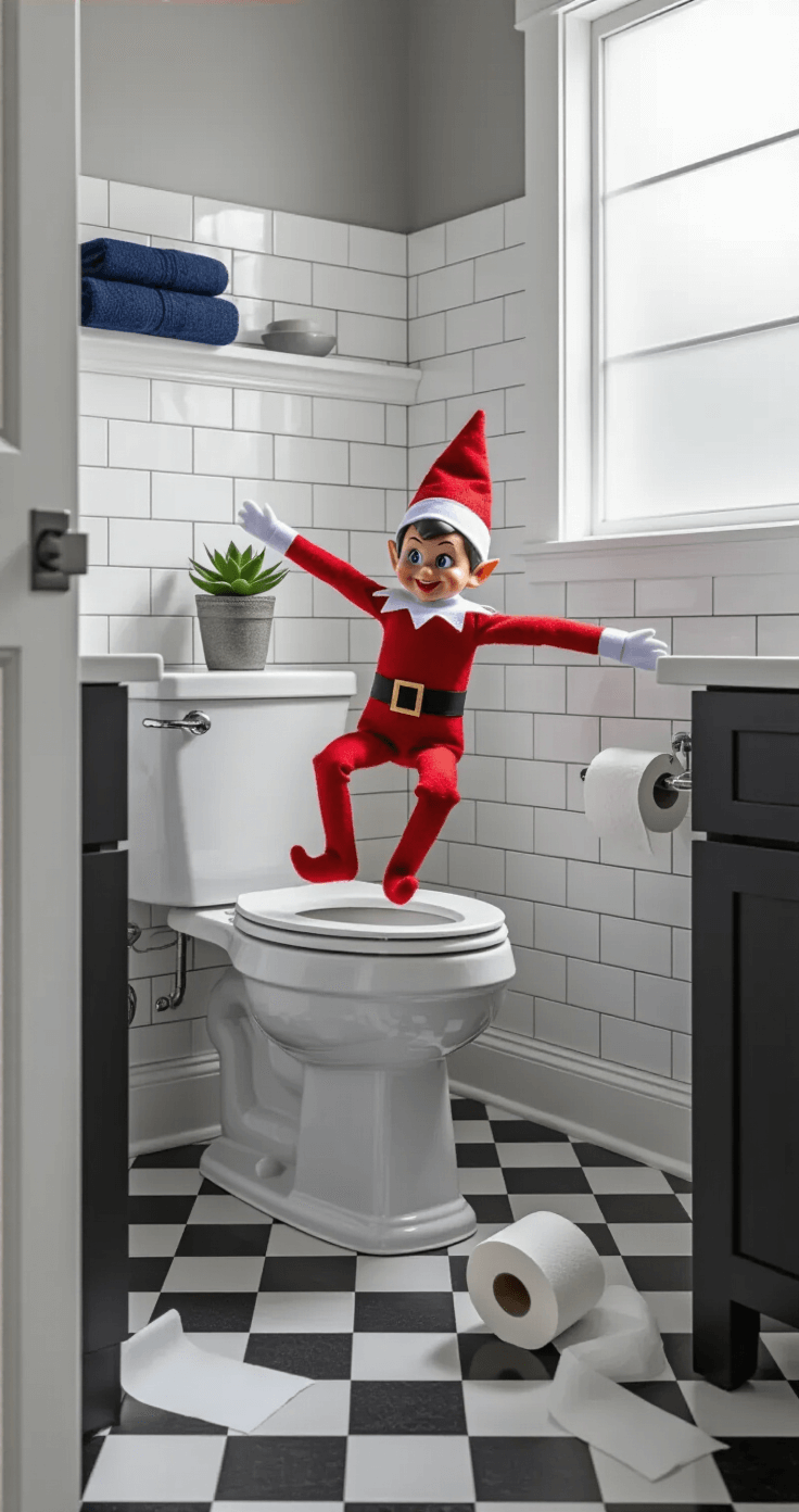 A whimsical bathroom scene featuring a mischievous red felt elf mid-tumble, playfully entangled in unrolled white toilet paper across a black and white checkered floor, framed by bright LED and natural lighting; the setting includes white subway tile walls, a charcoal gray vanity, chrome fixtures, and colorful accents like a potted succulent and navy blue hand towels.