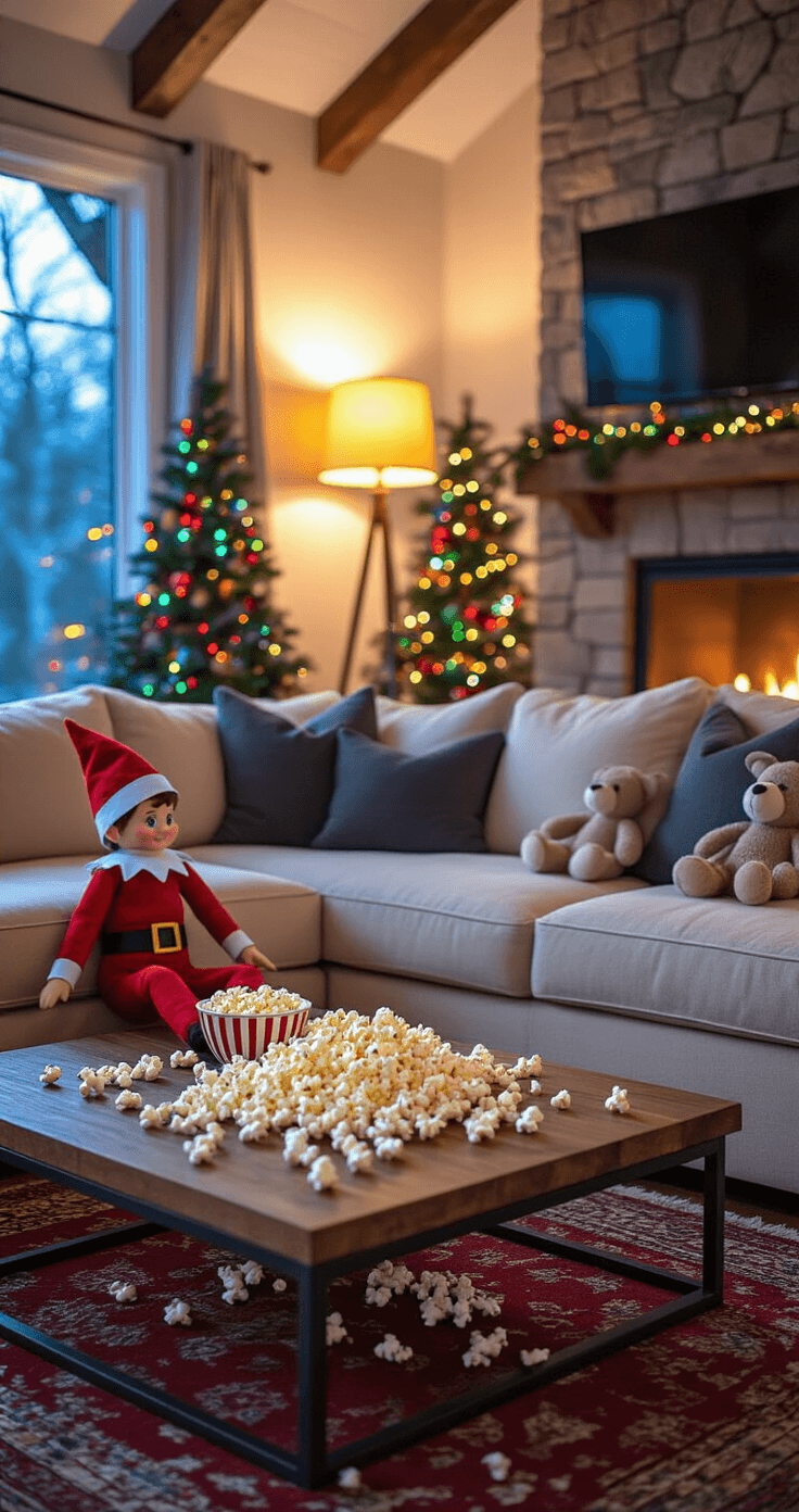 A cozy living room scene at dawn, featuring a cream sectional sofa with charcoal throw pillows and a red elf surrounded by stuffed animals, illuminated by a warm table lamp and a decorated Christmas tree with twinkling lights, captured from a child's perspective with popcorn scattered on a rustic coffee table.