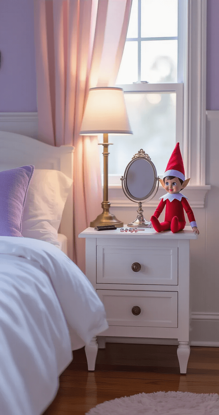 A photorealistic close-up of a child's bedroom at dawn, featuring a white nightstand with a red elf and silver hand mirror, soft natural light filtering through pale pink curtains, rumpled white bedding, and scattered hair accessories, all set against pale purple walls with white wainscoting.