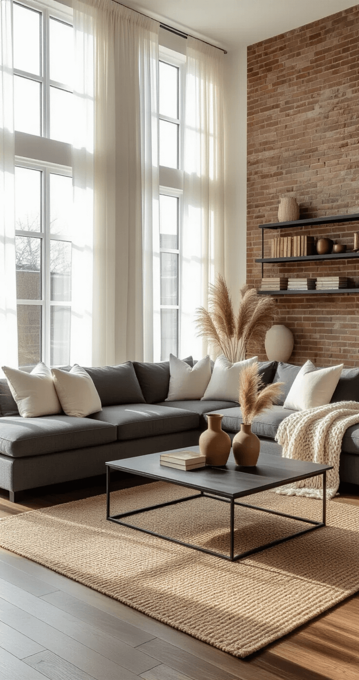 Photorealistic wide-angle shot of a modern living room featuring floor-to-ceiling windows, a charcoal gray sectional sofa with cream pillows, a black metal coffee table with ceramic vases, and an exposed brick accent wall with floating shelves, all bathed in warm golden hour sunlight.