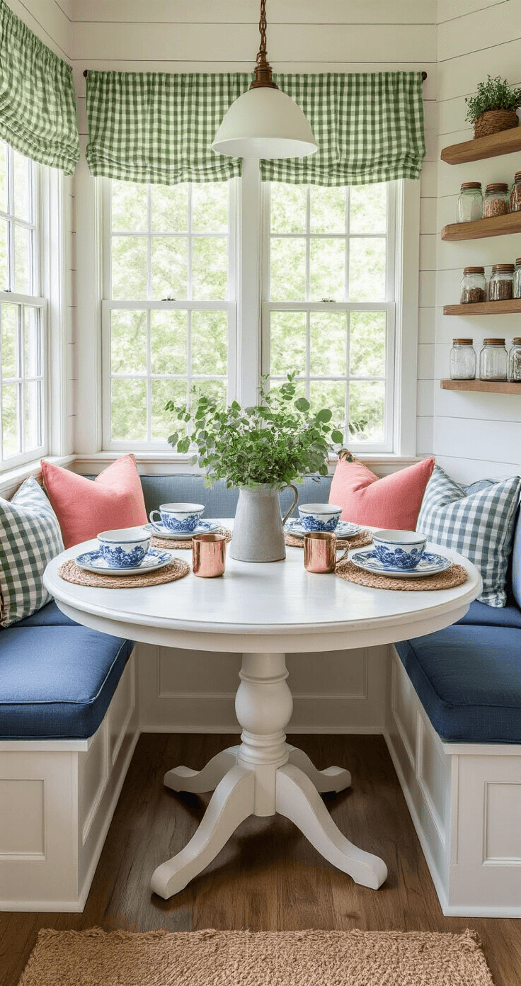 Intimate overhead view of a cozy breakfast nook featuring built-in banquette seating, round pedestal table set with vintage porcelain dishes, and soft morning light filtering through sage green gingham curtains.