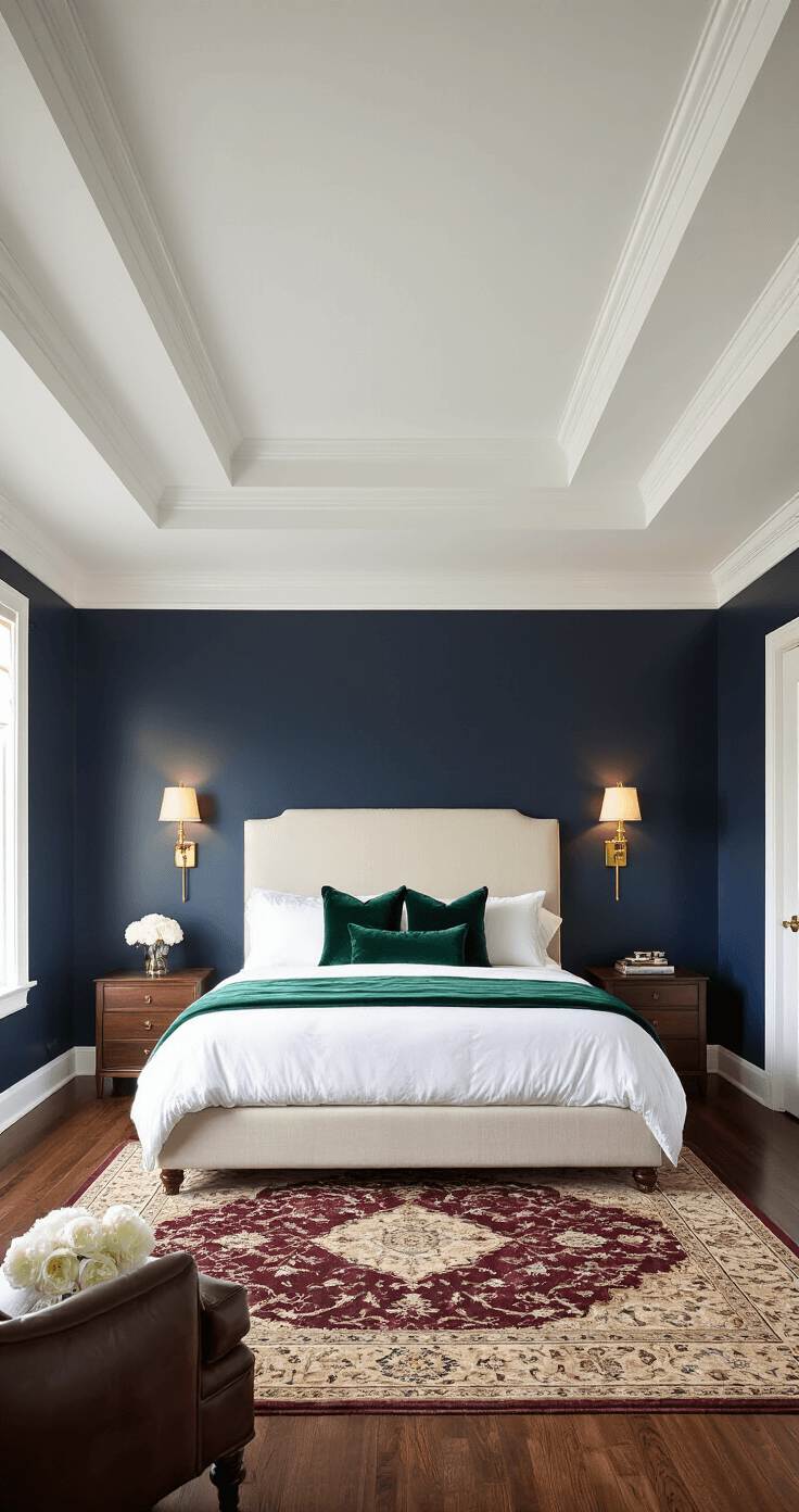 Dramatic low-angle view of an elegant master bedroom featuring a tray ceiling, crown molding, and moody evening lighting. A king-size upholstered bed sits between built-in nightstands, adorned with luxurious bedding, while a vintage leather armchair and fresh white peonies add to the sophisticated atmosphere. A Persian rug grounds the space, highlighting rich jewel tones and textures.