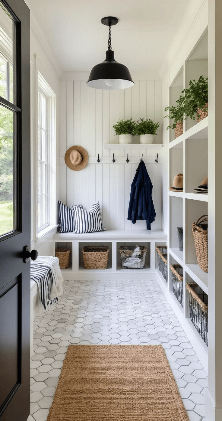 Overhead view of a functional mudroom with beadboard wainscoting, white shaker-style cubbies, navy and white striped bench cushion, galvanized metal baskets, hexagonal marble floor tiles, and a matte black pendant light, illuminated by natural daylight from a frosted glass door.