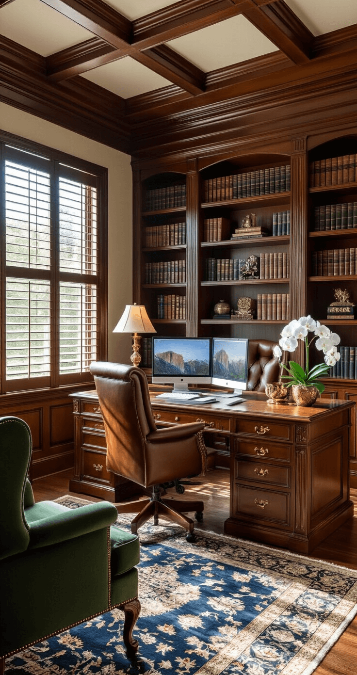 Cinematic side-angle view of a sophisticated home office featuring a coffered ceiling, built-in bookcases, a mahogany desk, and a cognac leather executive chair facing dual monitors. Sunlight filters through plantation shutters, casting patterns across the space. A Persian runner leads to a reading corner with a green velvet wingback chair, while a brass lamp illuminates the area. Decorative items and a white orchid add elegance, all set against dark walnut hardwood floors.