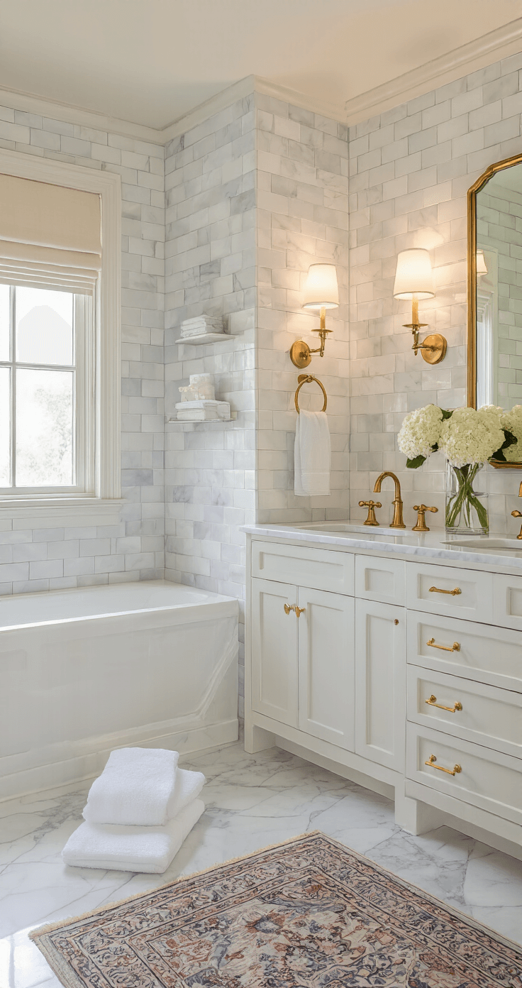 A luxurious bathroom features marble subway tiles, brass fixtures, and soft evening lighting, highlighting a freestanding clawfoot tub under a window, double vanity with undermount sinks, vintage-style medicine cabinets, heated Carrara marble floors, and plush Turkish towels, all contributing to a spa-like ambiance.
