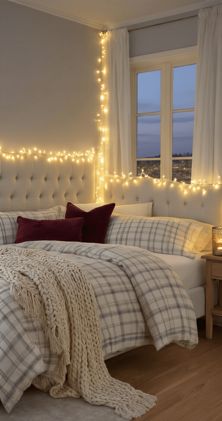 Cozy master bedroom with warm LED fairy lights on a linen-upholstered headboard, dove gray walls, a king-size bed with cream flannel sheets, burgundy velvet throw pillows, an oatmeal cashmere throw, natural oak hardwood floors, sheer white curtains, a rustic wooden nightstand with candles and eucalyptus, captured in early evening ambiance.