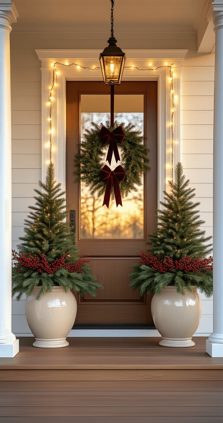 Photorealistic wide-angle shot of an elegant front porch at golden hour, showcasing two ceramic planters with fir greenery, burgundy ribbon bows, and red winterberries, flanking a wooden door, alongside white columns and honey-colored wood flooring, enhanced by warm LED string lights and soft natural lighting.