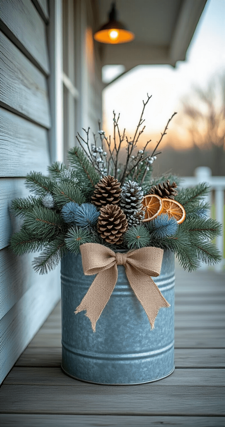 Cinematic close-up of a rustic galvanized metal planter on a weathered wooden porch, filled with blue spruce and white pine, adorned with burlap ribbon, frosted pine cones, dried orange slices, and silver-dusted dogwood branches, softly illuminated by pendant lighting and accentuated with battery-operated LEDs.