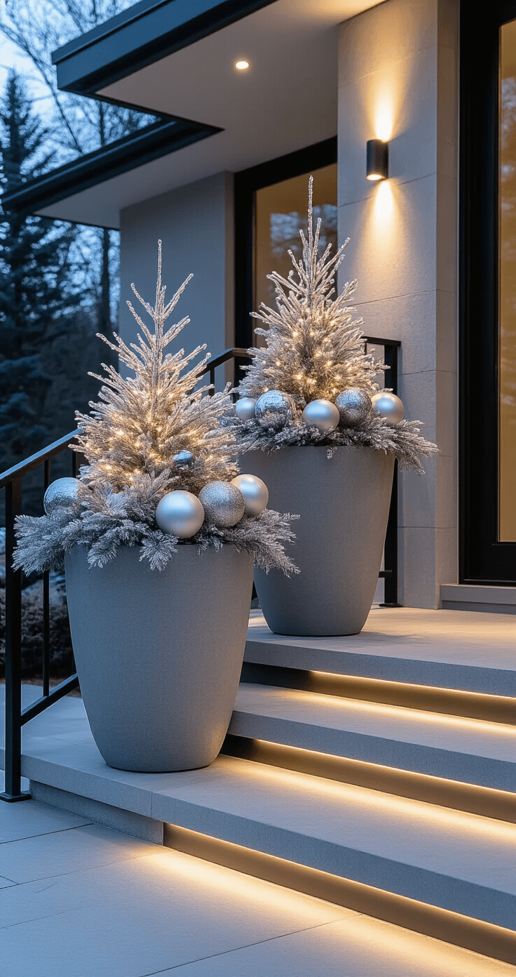 Sophisticated low-angle view of matching grey limestone urns on contemporary concrete porch steps at twilight, featuring winter arrangements with silvered branches and white spruce, framed by sleek black metal railings and dramatic uplighting that accentuates their elegant silhouette against modern architecture.