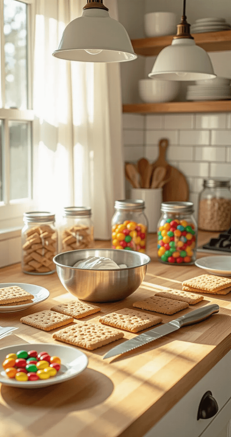 A kitchen island transformed into a graham cracker house construction station, showcasing organized supplies including graham crackers, royal icing, a serrated knife, small plates, and colorful candy in mason jars, all illuminated by golden hour light.
