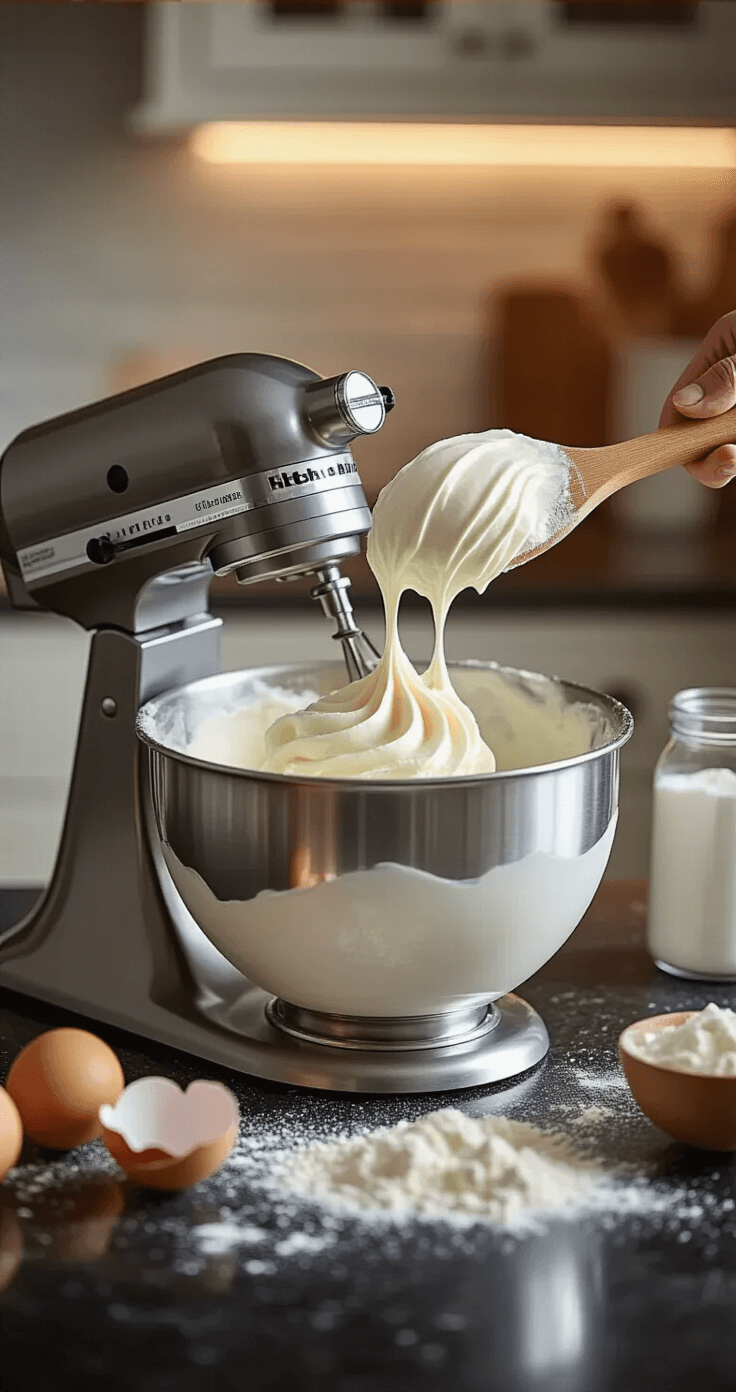 Close-up of a stainless steel stand mixer bowl filled with glossy, thick white royal icing showing stiff peaks, with a wooden spoon lifted above. Scattered powdered sugar and broken eggshells are on a black granite countertop, complemented by a cream of tartar container, all illuminated by warm under-cabinet LED and soft morning light. Shot from an overhead angle to highlight the icing's texture.