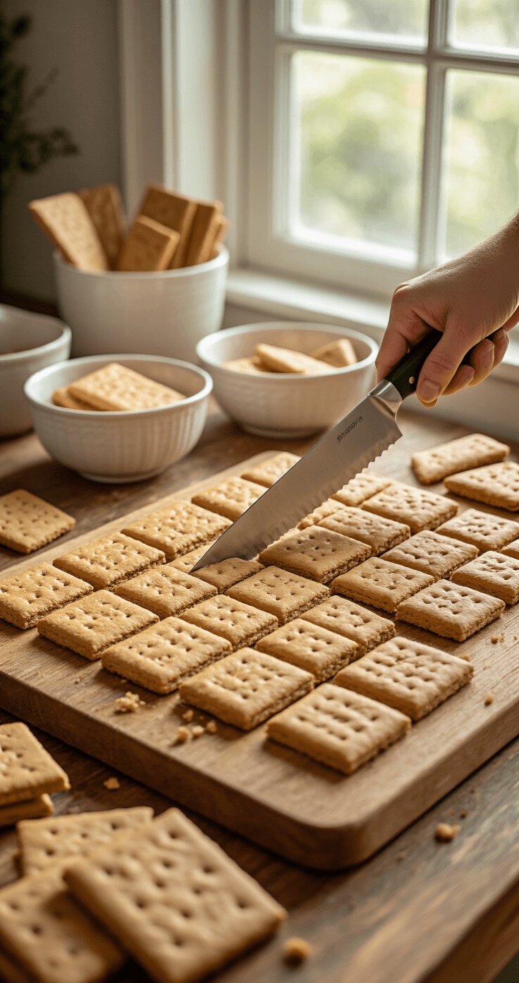 A rustic wooden cutting board displaying neatly cut golden brown graham crackers in diagonal and rectangular shapes, with a sharp serrated knife mid-cut. Natural afternoon light highlights the clean workspace and organized bowls containing the cracker pieces.