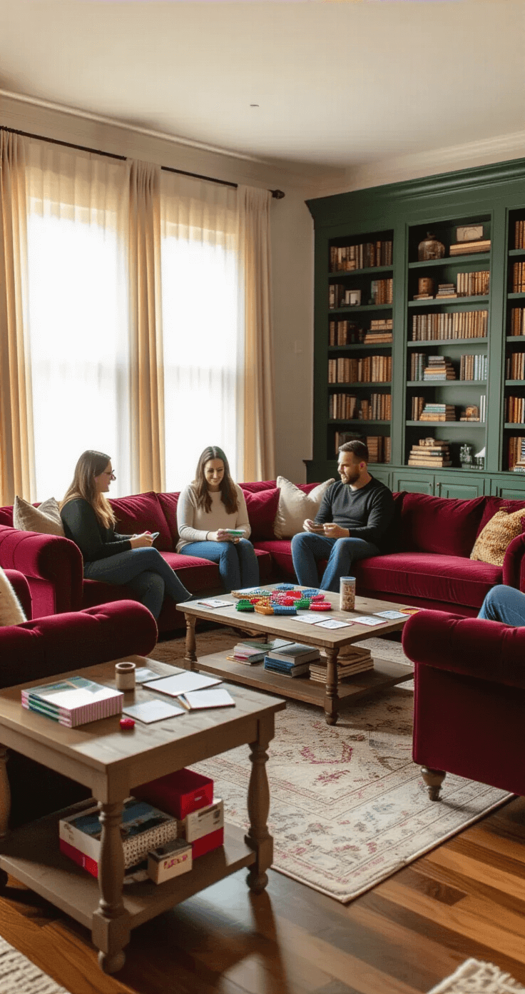 A warm living room during a Christmas party, featuring adults seated in a circle on a burgundy velvet sofa, with game supplies on a side table. The room is illuminated by golden hour light, showcasing a fireplace, a decorated Christmas tree, and cozy furnishings, all creating a festive atmosphere.