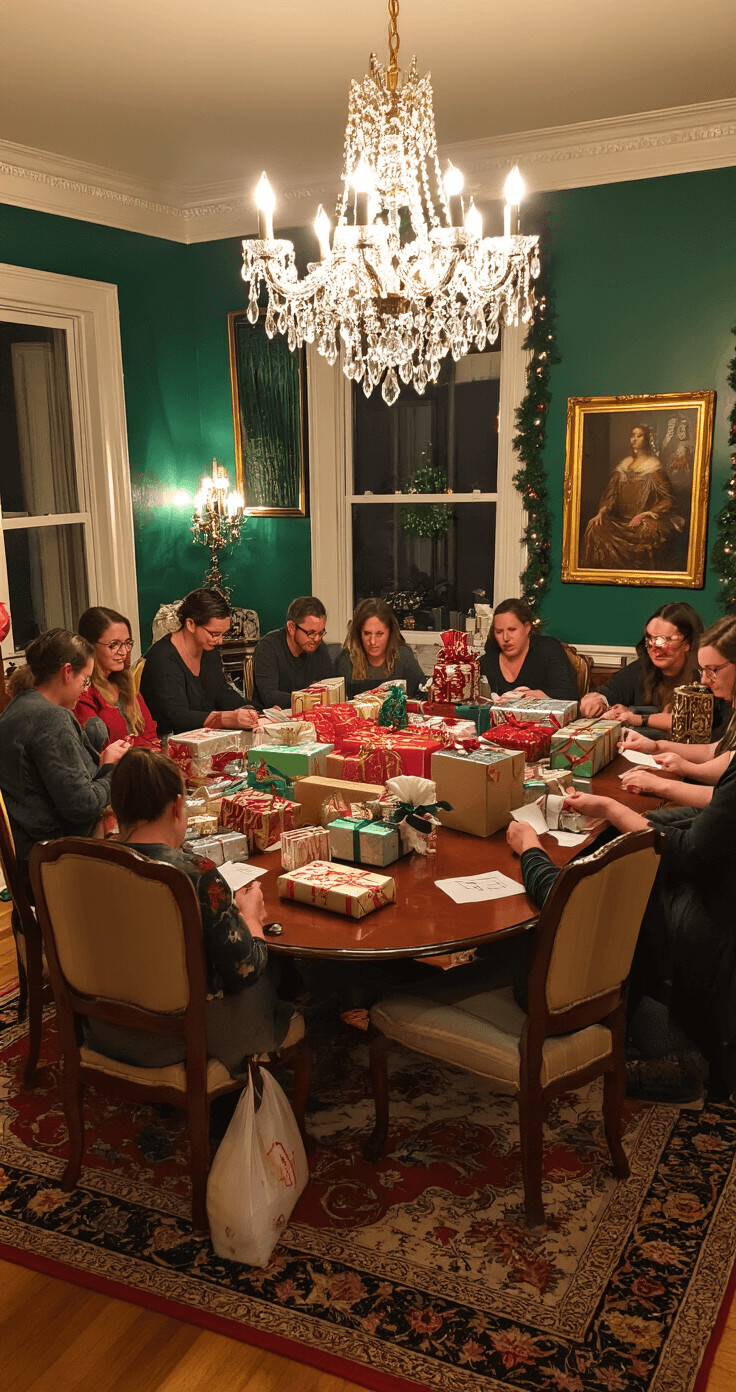 A festive dining room set for a White Elephant gift exchange, featuring a mahogany table pushed against the wall with an assortment of wrapped gifts. Adults sit in an animated circle on a Persian rug, holding numbered slips. The room has deep emerald walls, gold accents, and a crystal chandelier casting warm light, creating an intimate holiday atmosphere. Gift bags and torn wrapping paper are scattered across the hardwood floor, alongside side tables with wine glasses and appetizers.