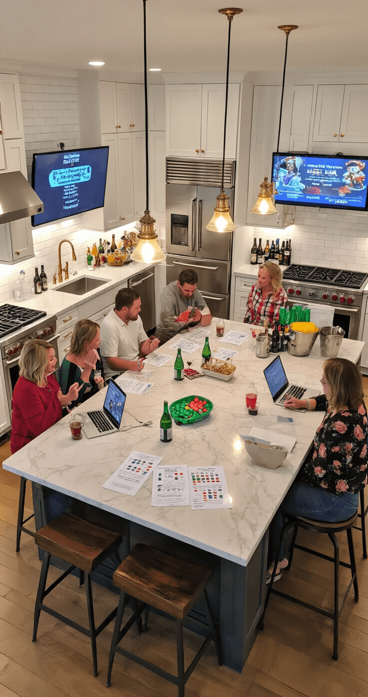A lively contemporary kitchen transformed into a trivia battleground, featuring a large marble island cluttered with laptops, scoresheets, and colorful team markers. Adults gather in teams, engaging animatedly, while a flat-screen TV presents festive trivia questions. The kitchen showcases white shaker cabinets, brass hardware, and beverage stations with snacks and drinks, all illuminated by pendant lighting and under-cabinet LEDs.