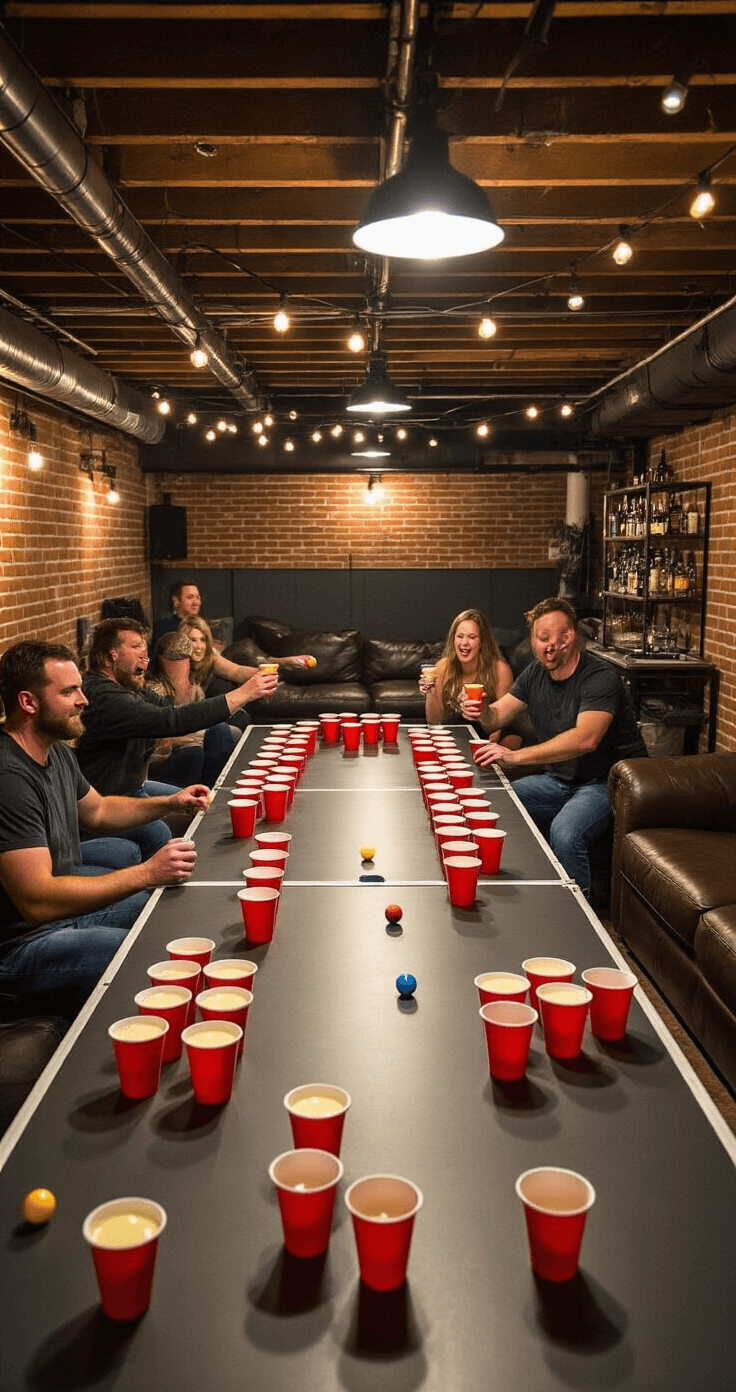 A lively basement rec room transformed into a beer pong venue, featuring a regulation-sized table with red cups filled with eggnog, adults playing and cheering, exposed brick walls, and ambient string lights, all captured from a side angle at table level.