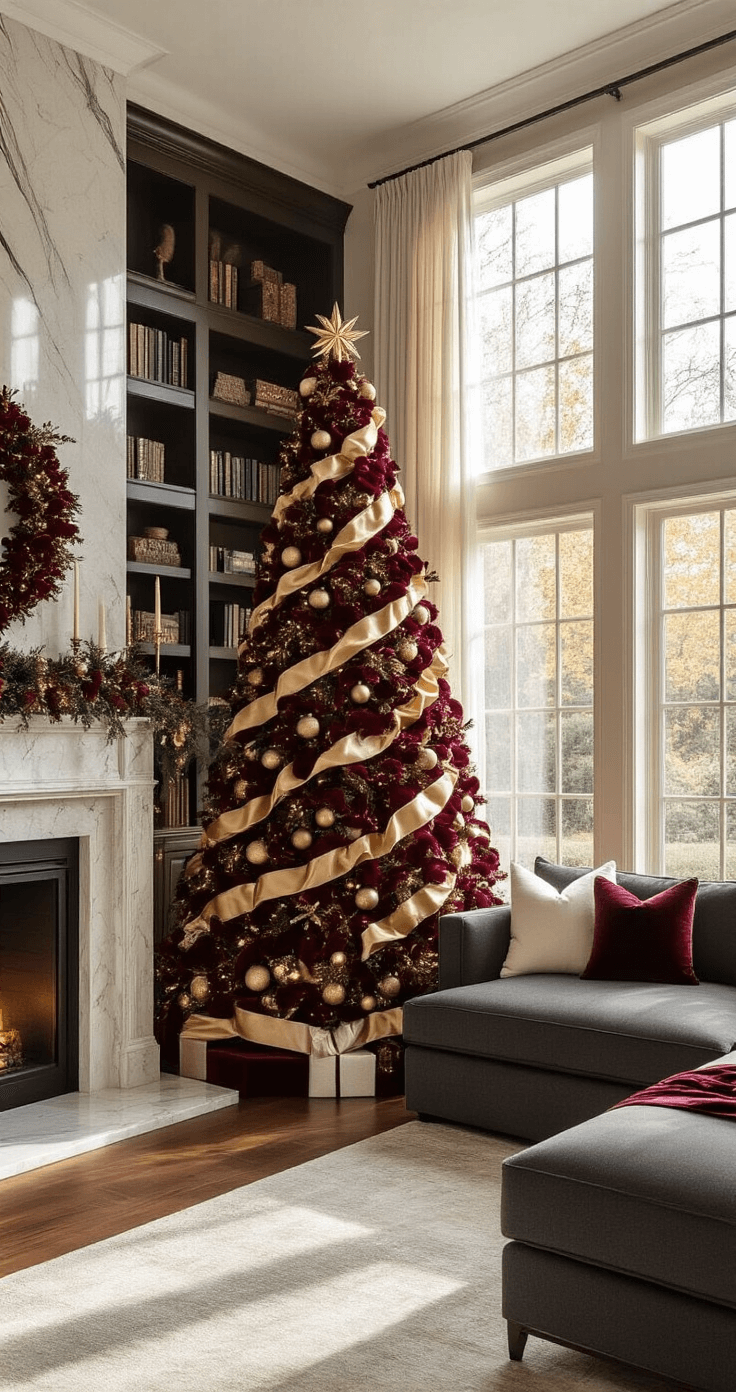 Luxurious living room featuring a 9-foot Fraser fir Christmas tree adorned with burgundy velvet and gold ribbons, beside a marble fireplace, with warm natural light filtering through windows, highlighting rich textures and elegant decor.