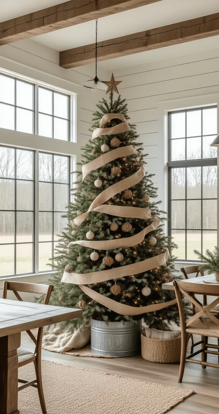 A cozy modern farmhouse great room featuring a 7-foot Christmas tree adorned with natural burlap and cream buffalo check ribbons, illuminated by morning light streaming through industrial-style windows, with weathered wood beam ceilings and shiplap accent walls.