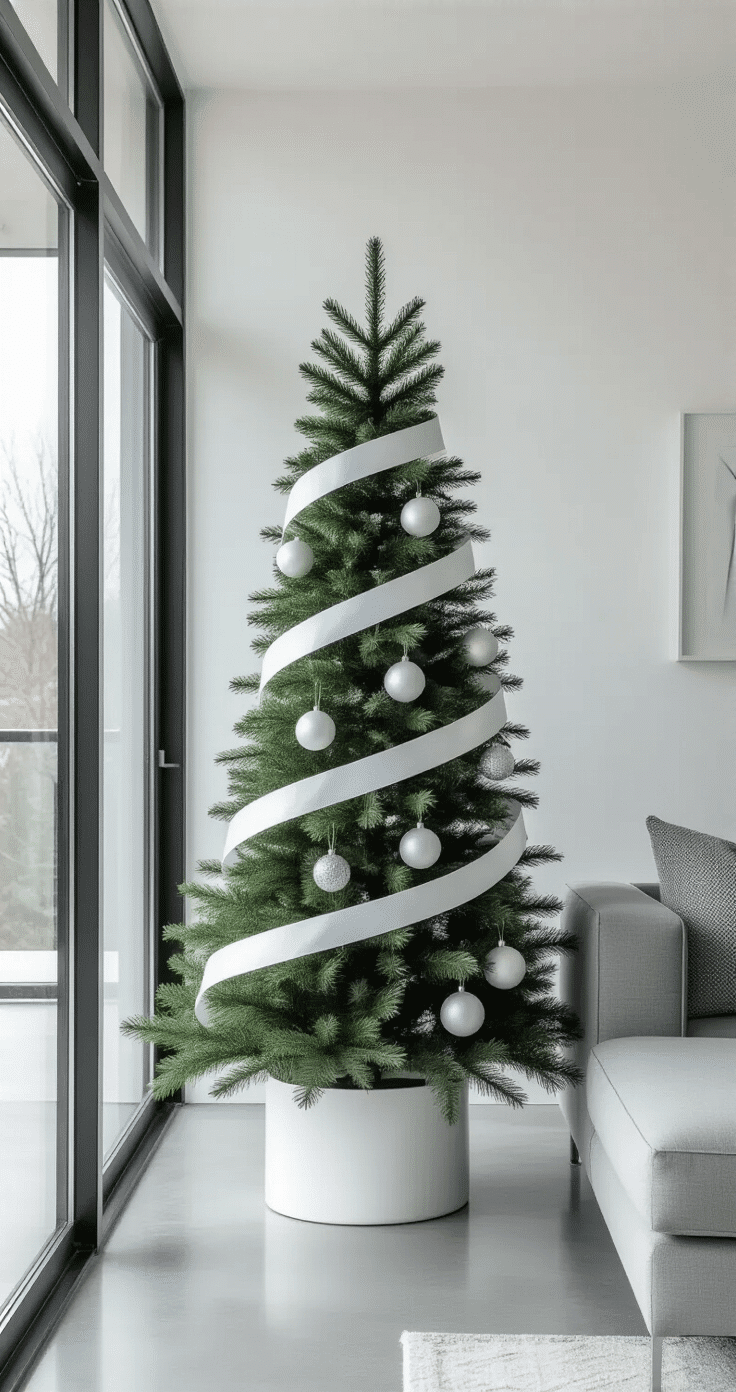 Contemporary minimalist living space with a 6-foot Christmas tree wrapped in white satin ribbon, sleek white ceramic planter, gray sectional, and geometric throw pillows; bright natural light enhances polished concrete floors and white surfaces.
