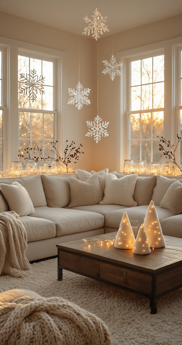 Photorealistic cozy living room during golden hour, featuring metallic silver and champagne snowflakes, a beige sectional sofa, and warm LED-lit decor, captured with a shallow depth of field.